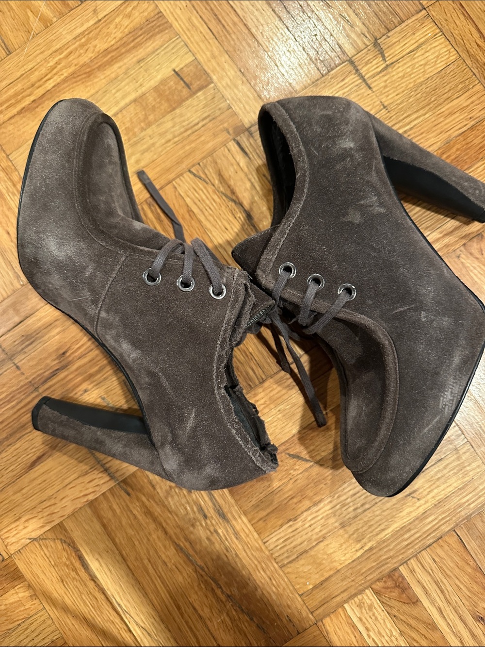 Stuart W  Suede Lace-Up High Heel Booties in Dark Brown